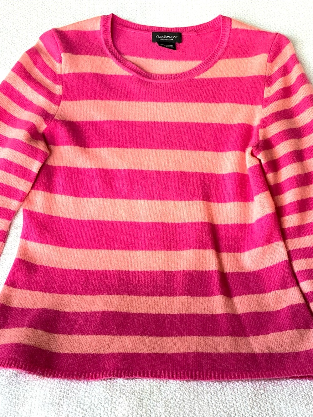 Lord & Taylor 100% Cashmere Pink and Peach Striped Crewneck Sweater